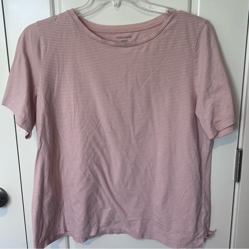 Eileen Fisher Pink & White Micro-Stripe Cotton Tee – Size Large